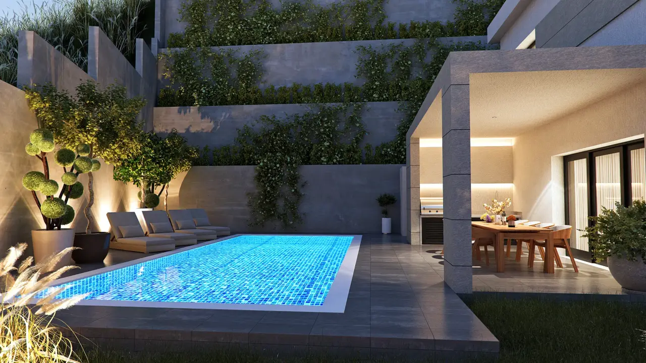 Aura Villa exterior at night
