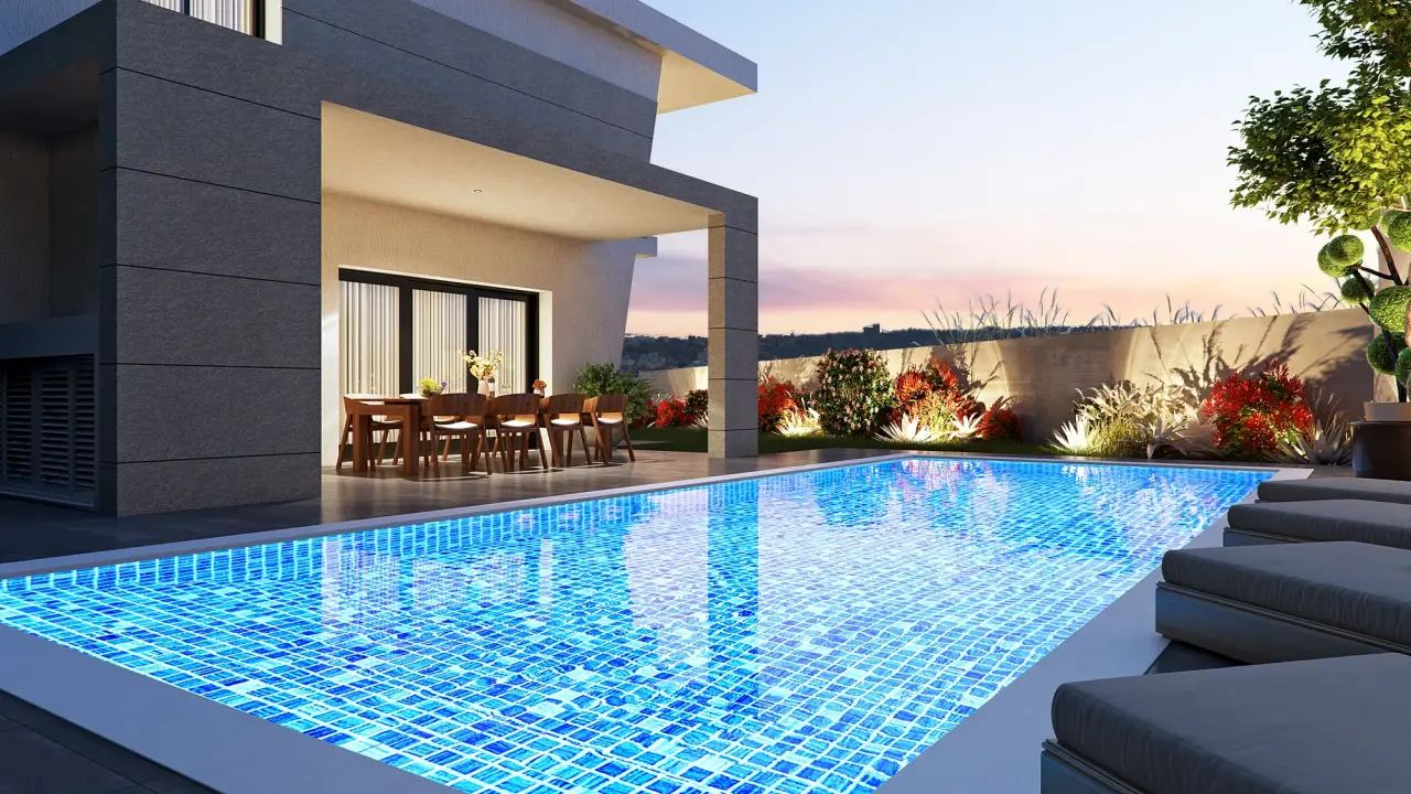 Aura Villa exterior at night